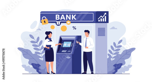 Customers using an automated teller machine for financial transactions at a modern and secure bank branch facility.