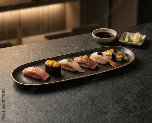 Luxury sushi platter on dark stone with premium Japanese presentation