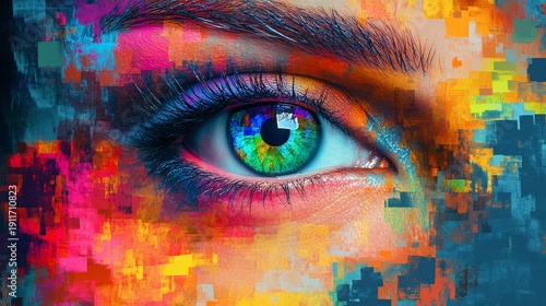 Colorful eye, abstract art, face closeup, vibrant background, digital art