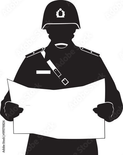 Military soldier silhouette officer vector illustration holding map planning strategy plan
