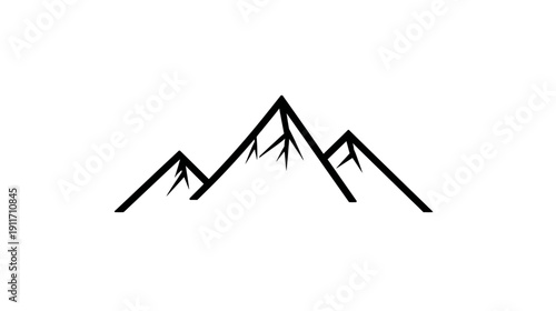 A minimalist illustration features three angular mountain peaks in solid black against a white backdrop