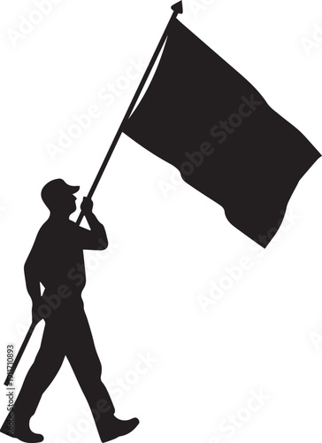 Person walking holding large flag on pole silhouette illustration vector line art