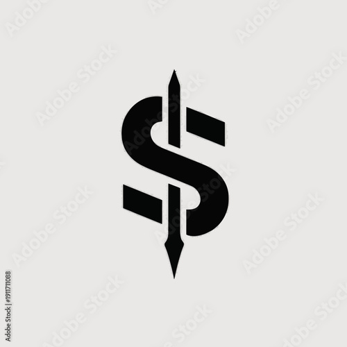 A stylized black dollar sign, accented by a centered upright line ending with a sharp point, set on white