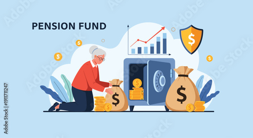 Elderly woman carefully places large bags of money into a secure metal safe representing a retirement pension fund.