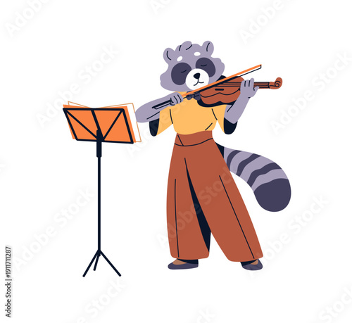 Anthropomorphic raccoon plays violin. Happy animal musician performs with fiddle. Talented racon practices with string instrument in art class. Flat isolated vector illustration on white background