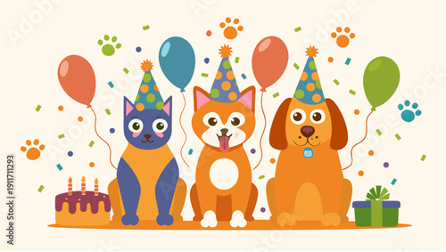 Playful pets celebrate birthday with party hats and balloons