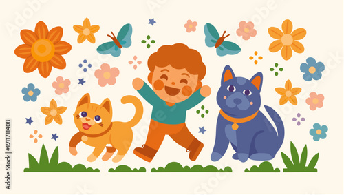 Happy child playing with pets in colorful garden outdoors