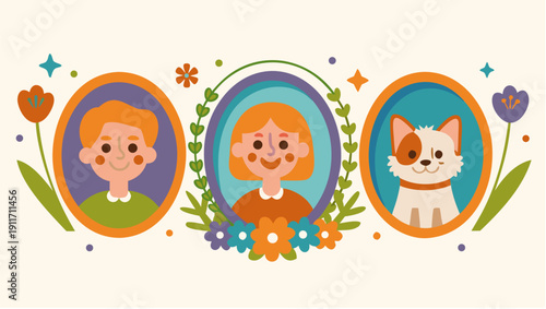 Vibrant family portrait with happy child and playful dog