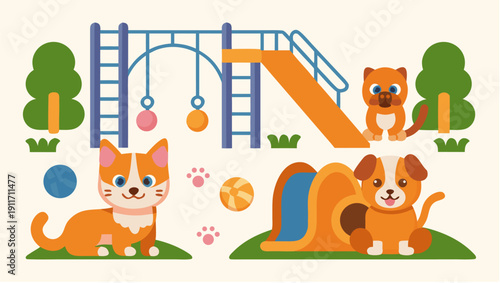 Playful pets enjoying sunny day at outdoor playground together