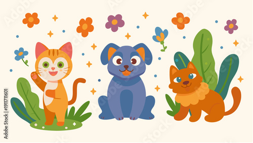 Whimsical cartoon cats playing in a magical garden setting