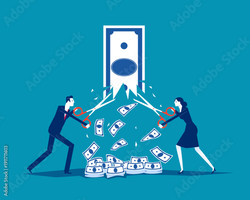 Value Added. Businessman and woman take scissors to falling banknote