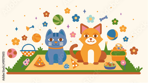 Playful cat and dog enjoying sunny outdoor picnic together