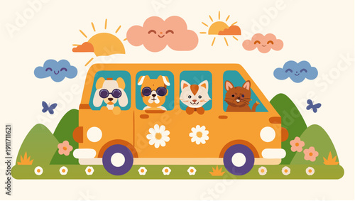 Happy pets on fun road trip adventure in yellow van