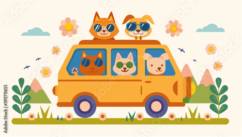 Happy pets on a fun road trip adventure together