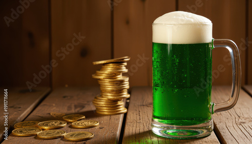 Green beer frothy mug golden coin wood table festive drink celebration holiday foam head pub refreshment Green beer frothy mug golden coin wood table festive drink celebration holiday foam head
