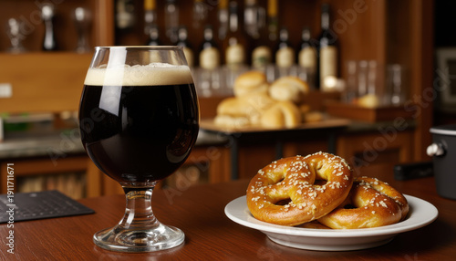Dark beer glass pretzel bar pub snack foam sesame plate bakery refreshment Dark beer glass pretzel snack sits wooden bar counter warm pub interior with bakery bread background creating cozy