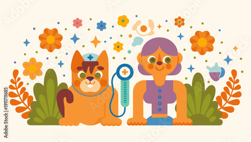 Whimsical illustration of a girl and her adorable cat surrounded by colorful flowers and leaves in a playful scene