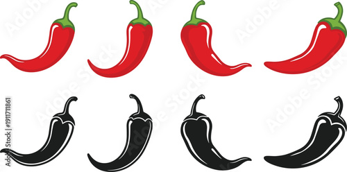 Chili pepper icon set with red and black silhouettes, spicy hot jalapeno pepper collection, organic vegetable vector elements, isolated chili pepper icons,