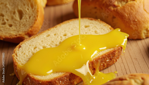 Bread slice butter breakfast food closeup yellow sauce melting delicious golden butter topping fresh bread slice, rich creamy sauce flowing over crust detail on wooden table for breakfast mood