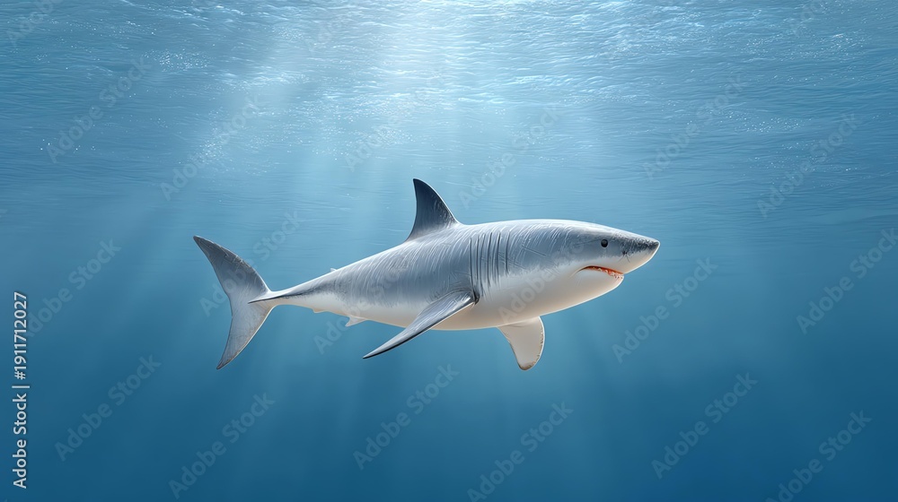 Naklejka premium Shark powerful movement concept, A majestic shark swimming gracefully through clear blue waters.