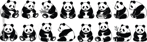 Cute cartoon panda bear illustrations in various sitting and eating poses, isolated vector icons collection on white background, perfect for children, design, decor, and stickers