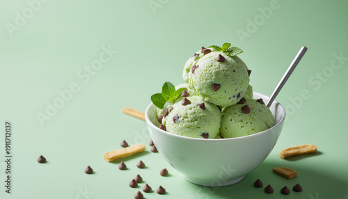 Mint ice cream chocolate chip dessert green bowl metal spoon mint leaf sweet frozen snack mint ice cream dessert with chocolate chip white bowl and metal spoon green background with copy space