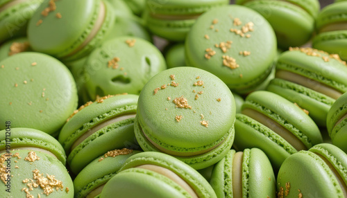 Green macaron french dessert sweet pastry gourmet cookie gold garnish bakery treat luxury food sugar dessert celebration snack closeup food photography pile