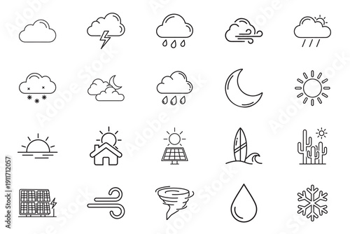 Weather web line art icon set. Clouds, sun, moon, snowflakes, thermometer, wind, sun, collection. Vector illustration.