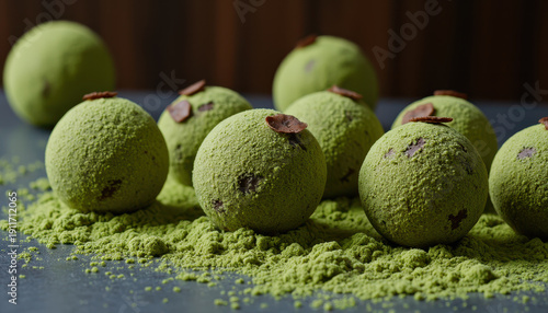 Matcha dessert ball green tea powder chocolate piece sweet snack gourmet treat round shape modern dessert culinary art closeup food matcha flavor Delicate matcha dessert ball with green tea powder