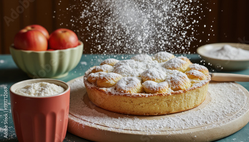 Apple tart powdered sugar homemade dessert baked pastry sweet food fruit cake rustic kitchen baking ingredient food photography cozy atmosphere Apple tart topped with powdered sugar wooden board