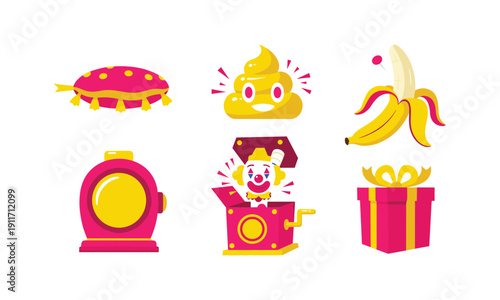 Funny prank elements and joke tools vector illustration set for celebration and amusement