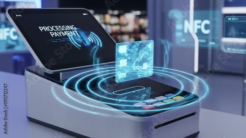 Holographic credit card processing payment on futuristic terminal screen