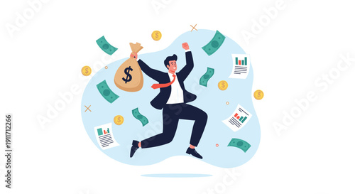 Successful businessman jumps with joy while holding a large bag of money as banknotes and coins fall around him.