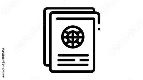 Stylized black and white icon depicting a stack of documents with a globe design and lines