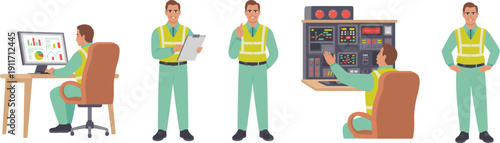 Industrial engineer operator vector illustration set with control panel monitoring, safety vest, computer dashboard, and factory management