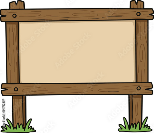 Rustic wooden signboard cartoon vector illustration, vintage blank billboard with wooden frame and grass, isolated design for decoration