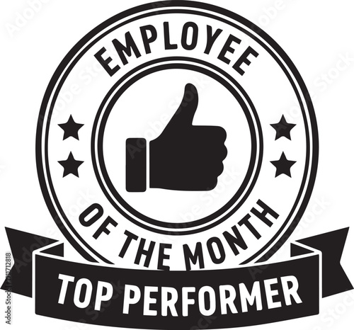 Employee of the Month badge illustration with thumbs‑up icon ribbon stars workplace recognition vector design