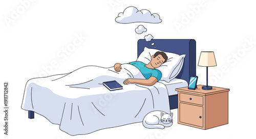 Man peacefully sleeping in his bed at night with a large thought bubble representing dreams and subconscious thoughts.