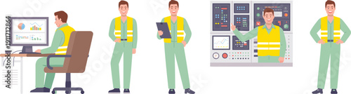 Industrial engineer worker vector illustration set with control panel, computer monitoring, safety vest, and factory management system