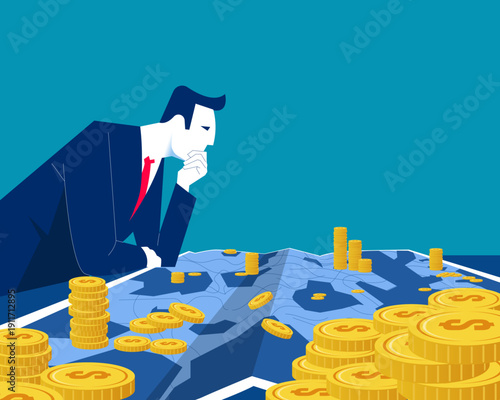 Business finance. A businessman ponders and plans his business