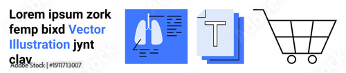 Healthcare, text organization, online shopping, data management, retail technology, lung health. Blue document graphic with lungs, text files shopping cart icon. Healthcare and online shopping