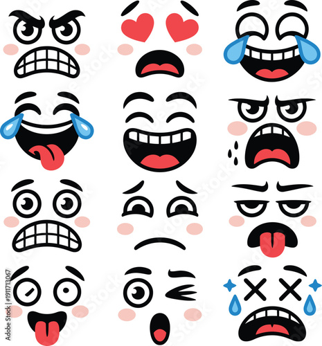 Cute cartoon cat face with heart eyes and love emotion vector illustration isolated on white background