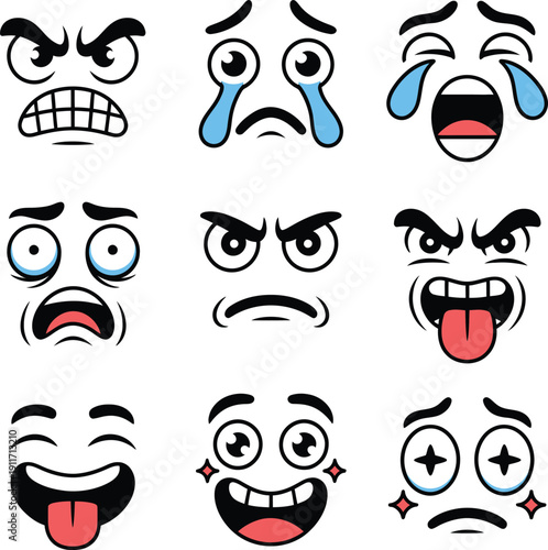 Cartoon happy face with tongue out red expression joyful emotion vector illustration isolated