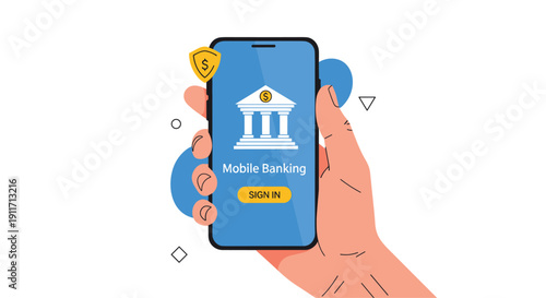 Customer holding a smartphone to access their mobile banking application by using the sign in button on the display.