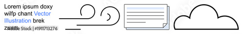 Data management, cloud storage, technology, communication, weather forecast, motion flow. Abstract icons showing wind, document and cloud graphics. Data management and cloud storage