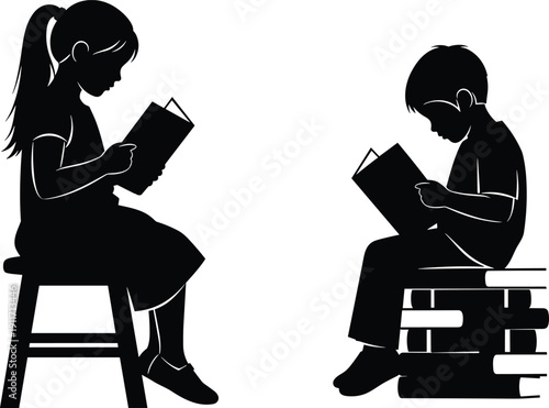 Silhouette of a young boy and girl reading books, sitting on a stool and a stack of books, educational literacy concept, isolated.