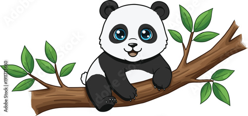 Cute baby panda sitting on tree branch, cartoon animal, adorable panda illustration, forest wildlife, children drawing, jungle theme design