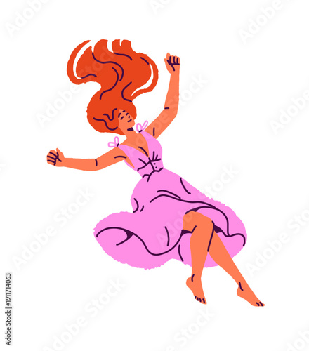Girl is falling down with happy emotions. Joyful young woman in dress is jumping and flying air. Person is in free flight. Freedom, dream and inspiration. Flat isolated vector illustration on white