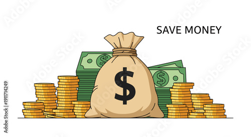 Large sack of money marked with a dollar sign surrounded by stacks of gold coins and green banknotes to represent saving wealth.