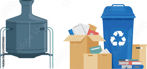 Industrial waste processing tank and recycling bin vector illustration with paper documents, cardboard boxes, and environmental management concept